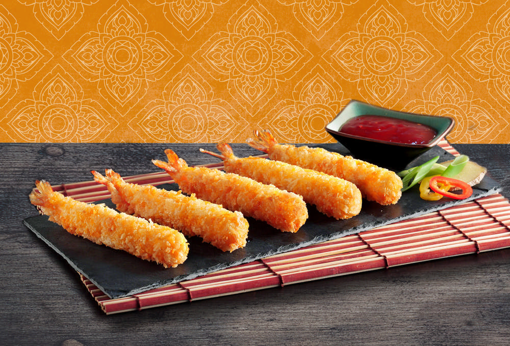 Crispy breaded Torpedo Prawns.