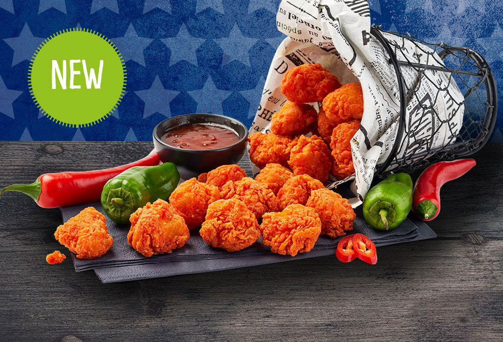 The new spicy version of the Chicken Popcorn Nuggets. Made from pieces of tender chicken breast, covered in a crispy and spicy crust.