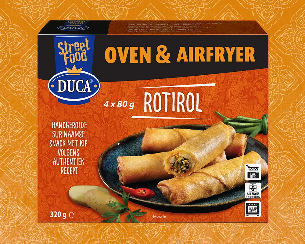 This deliciously spiced Roti Roll hails from Suriname. Hand-rolled and filled according to an authentic recipe with tender chicken, crispy vegetables, and aromatic Graham Masala spices.