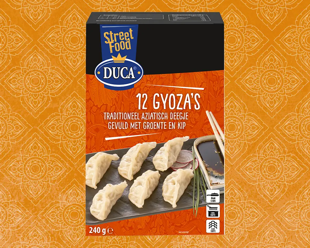 These traditionally folded Asian dumplings are filled with a delicious mix of chicken and vegetables, including onion, white cabbage, and garlic.