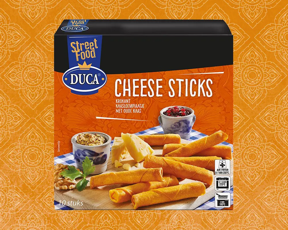 Duca Cheese Sticks are delicious cheese-filled snacks made with aged cheese, wrapped in a crispy crepe-like pastry. Creamy and full of flavour.
